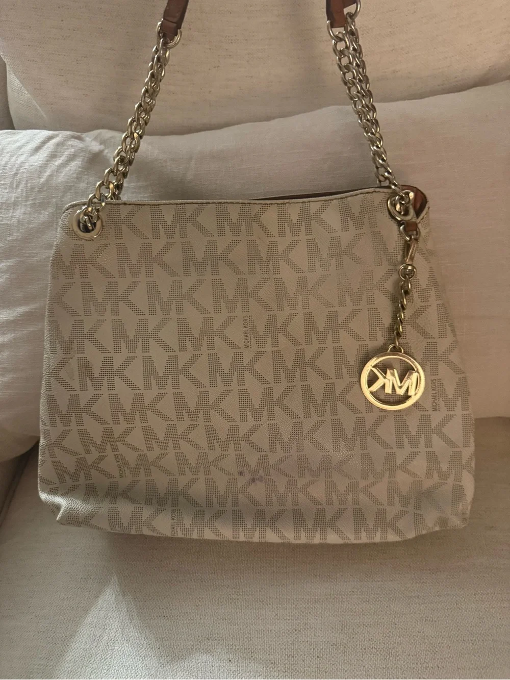 Michael Kors Cream/Tan Signature MK Logo Shoulder Bag with Gold Chain